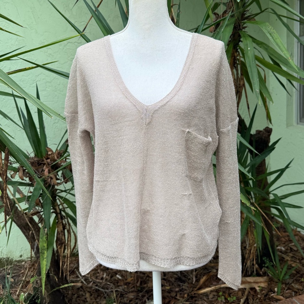 Chan Luu Tan Shimmer semi Sheer light V Neck top